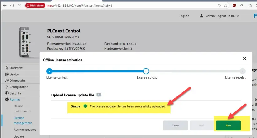 Offline license activation screen showing the upload status as ‘Done’ with a blue checkmark icon and highlighting the ‘Next’ button