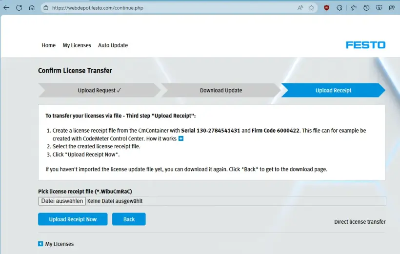 WebDepot screen with 'Upload Receipt' tab selected