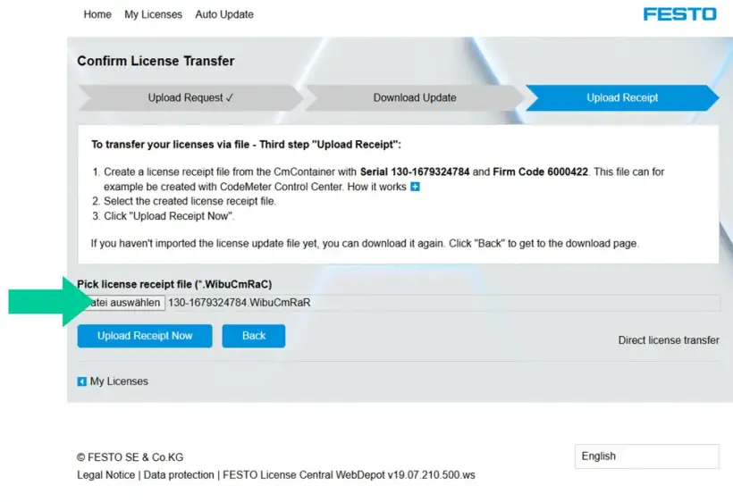 Festo WebDepot ‘Upload Receipt’ tab screen highlighting the button to upload the license receipt file