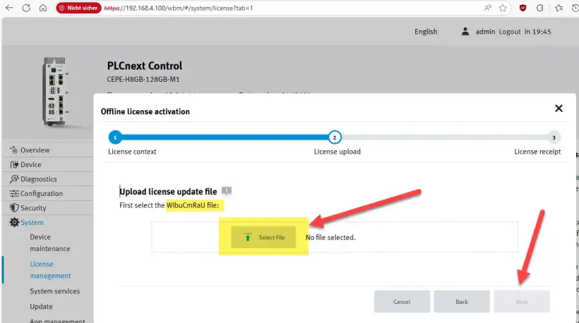 Offline license activation screen highlighting the ‘Select file’ button
