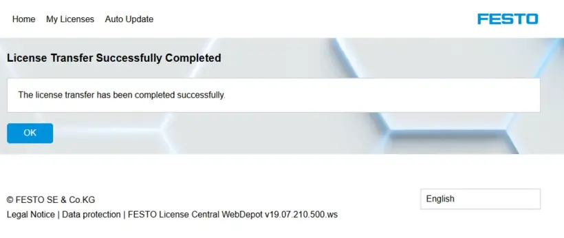 License transfer completion screen confirming successful transfer