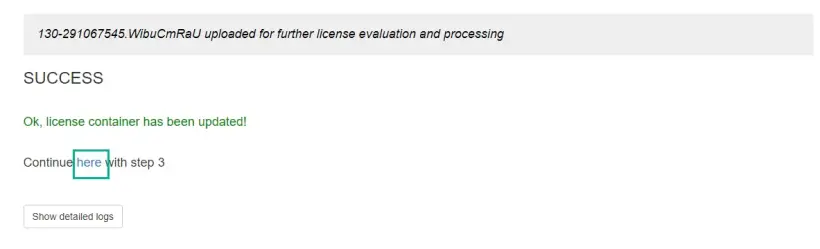 PLC web interface screen showing a success message and highlighting the ‘here’ link to continue with step 3