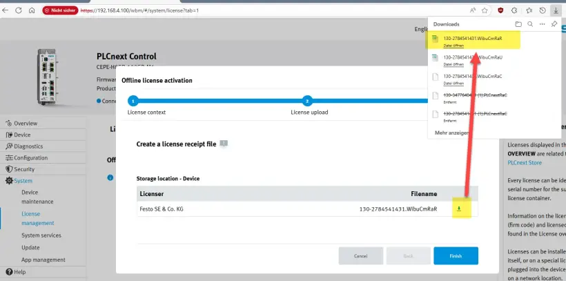 Offline License activation screen highlighting download button and displaying the downloaded file