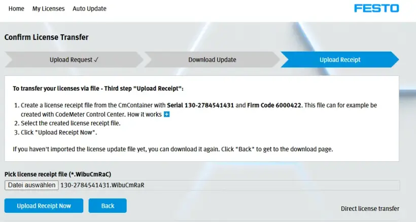 Festo WebDepot ‘Upload Receipt’ tab screen highlighting the button to upload the license receipt file