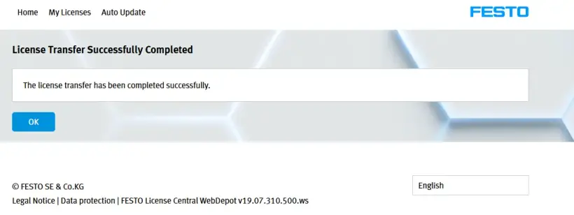 License transfer completion screen confirming successful transfer