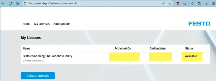 WebDepot screen displaying the license list with status as 'Available'