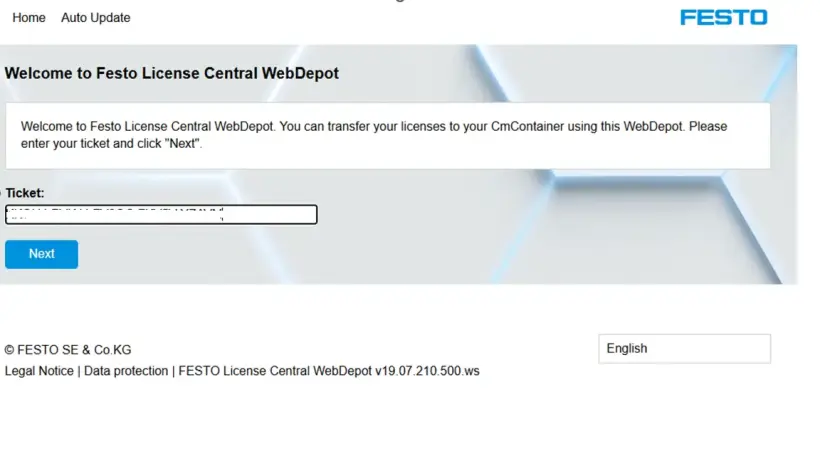 Festo WebDepot screen showing the ticket input field