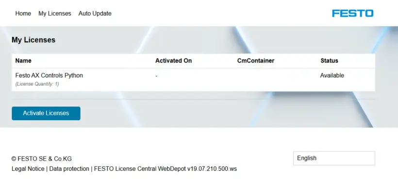 Festo WebDepot screen showing licenses and the 