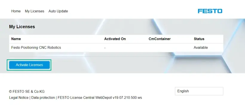 Festo WebDepot screen showing licenses and the ‘Activate Licenses’ button
