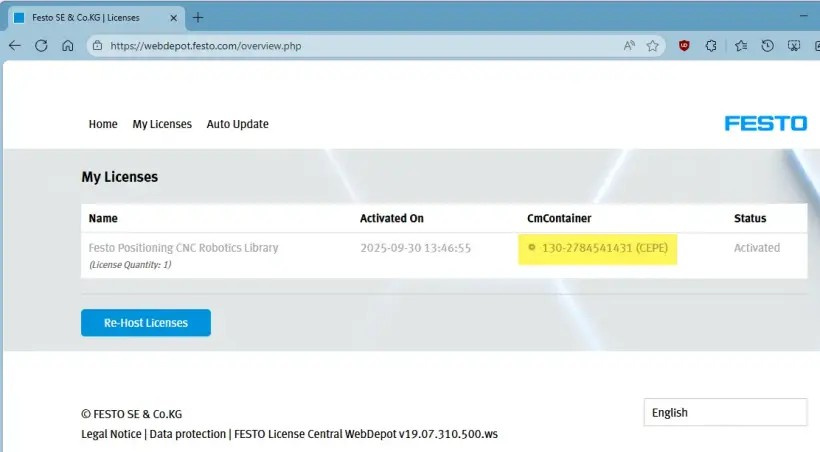 Festo WebDepot screen showing licenses and the ‘Activate Licenses’ button