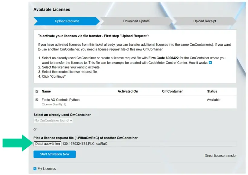 License activation screen highlighting the button to select a license file