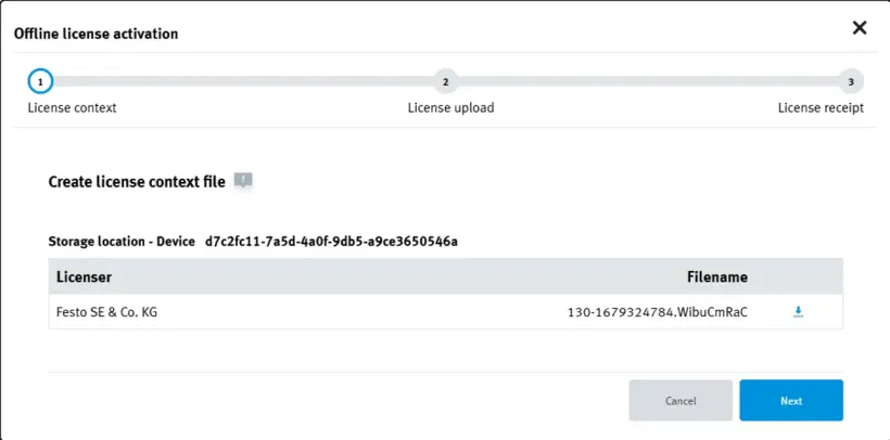 WBM screen displaying the license details and the ‘Next’ button