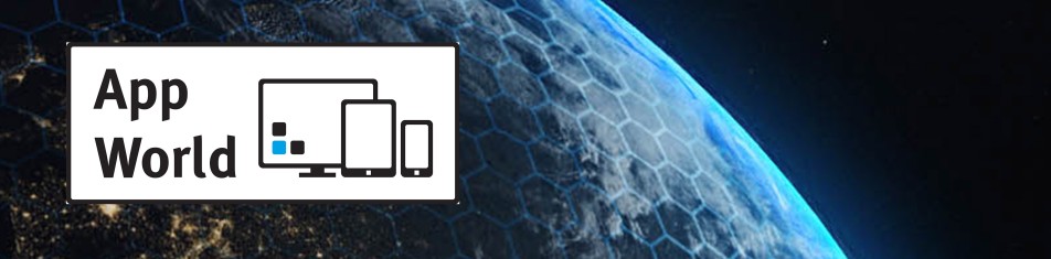 Closeup of digital hexagons on earth with the AppWorld logo