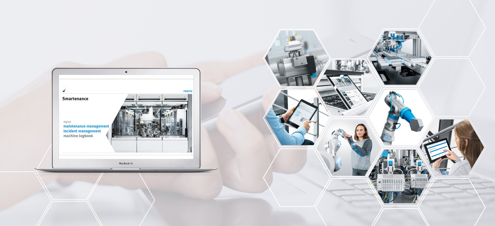 Laptop and generic images in a hexagon in the foreground with a hand on the laptop as a background