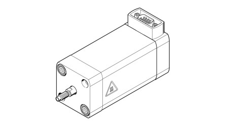Desenho técnico em linha de um servo motor com conectores elétricos e símbolo de alta voltagem no corpo do equipamento.