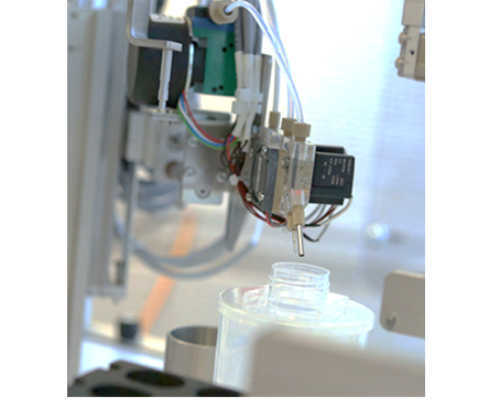 Automated liquid dispensing subsystem in a laboratory environment.