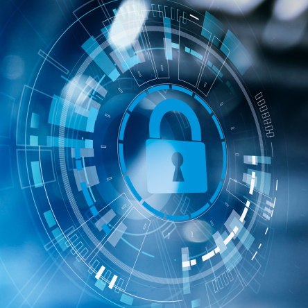 A digital blue padlock icon is centered within a circular futuristic interface, symbolizing cybersecurity and data protection against a blurred blue background.
