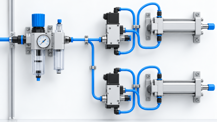 Circuito pneumático com válvulas, cilindros, unidade de preparação de ar e tubulações azuis em um sistema de automação industrial.
