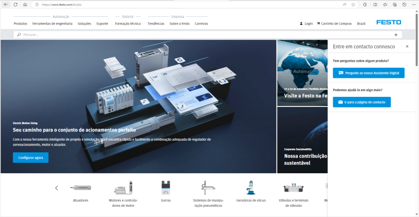 Pantalla de navegación del sitio web de Festo con asistente virtual