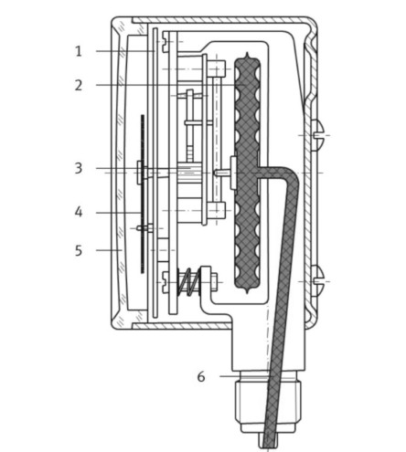 Technical drawing section through a capsule pressure gauge showing dial face (1), capsule piles (2), mechanism (3), indicator (4), viewing glass (5), and pressure chamber (6).