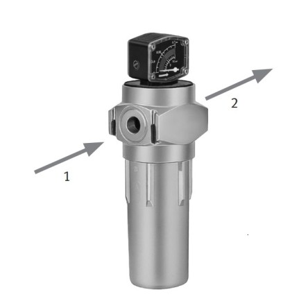 Image showing altered concentration of particles in a compressed air filter, indicating input concentration (1) and output concentration (2).