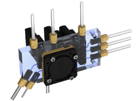 Liquid dispensing subsystem showing the dispensing unit and fluid connection ports.