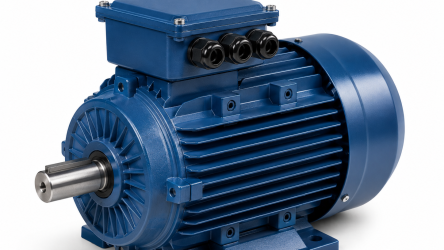 Motor trifásico industrial con carcasa azul, eje de acero y caja de conexiones superior, utilizado en aplicaciones de automatización y procesos industriales.