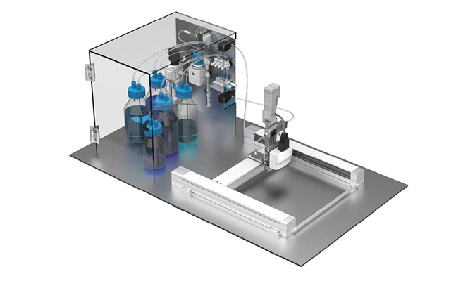 Integrated solution consisting of liquid handling and kinematics